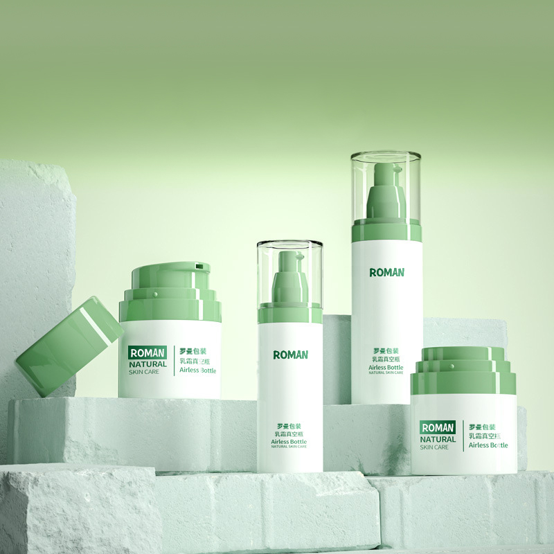 Muoviset kosmeettiset pakkaukset kasvovoidepullo 30 ml 50 ml 80 ml vihreä ilmaton pumppupullosarja, jossa galvanointi anti-age seerumipullolle