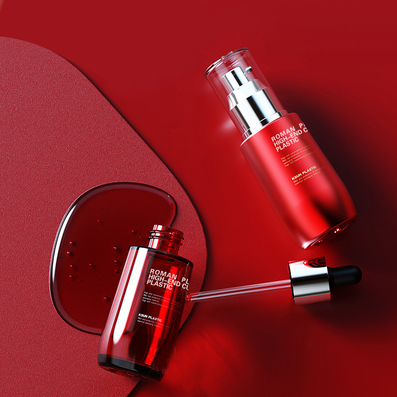 Uudelleentäytettävä kosmeettinen öljypullo 50 ml viininpunainen PETG-kasvojenhoitoseerumitippauspullo, jossa tiputusaine kermapullosarjalle Uudelleentäytettävä kosmeettinen öljypullo 50 ml viininpunainen PETG-kasvojenhoitoseerumitippauspullo, jossa tiputusaine kermapullosarjalle