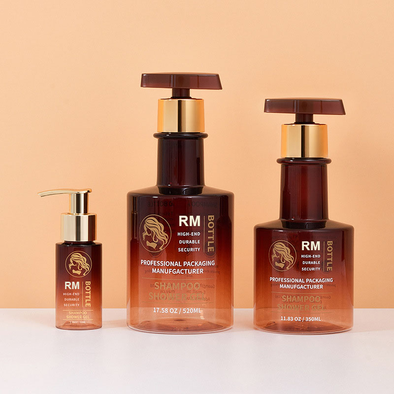 Ilmainen näyte Amber Black Gold Long Neck Shampoo Pullo Tyhjä Käsienpesu Pullo Muovinen Vartalovoide Pumppupullot 300 ml 500 ml